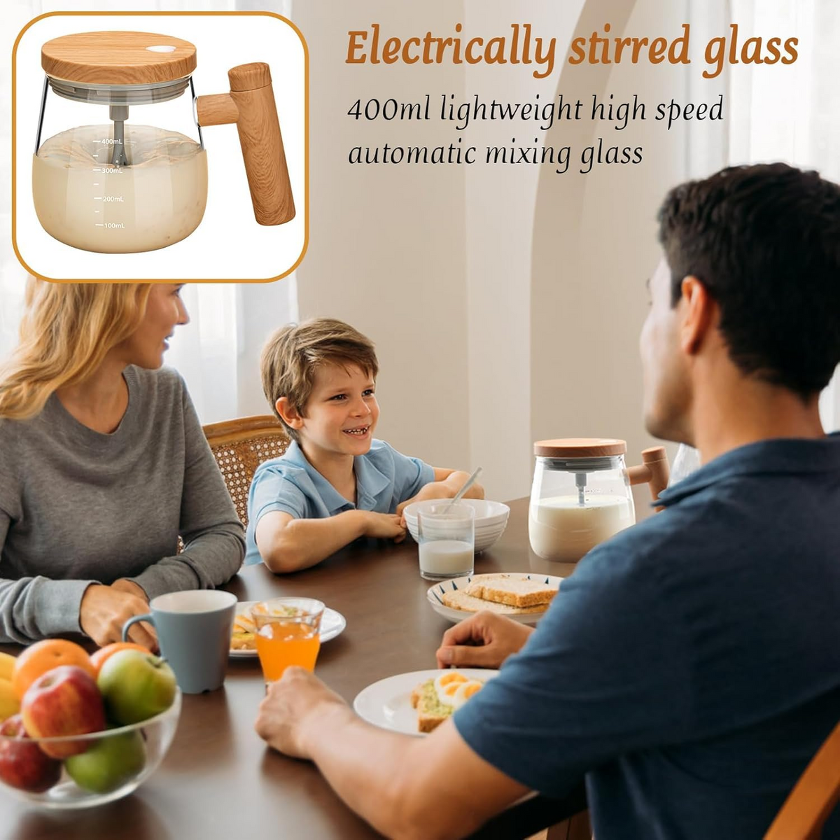 Self Stirring Coffee Mug, Glass Electric Self Mixing Cup with Lid & Handle