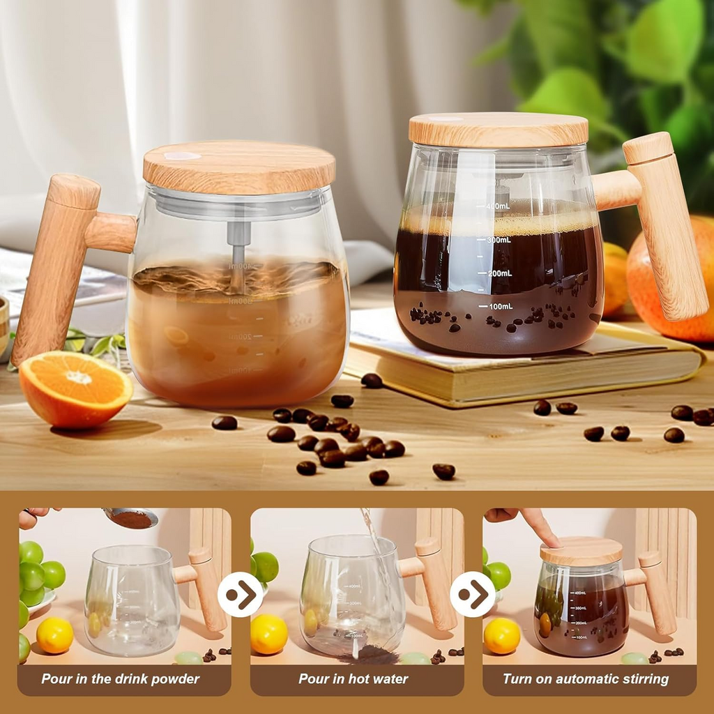 Self Stirring Coffee Mug, Glass Electric Self Mixing Cup with Lid & Handle