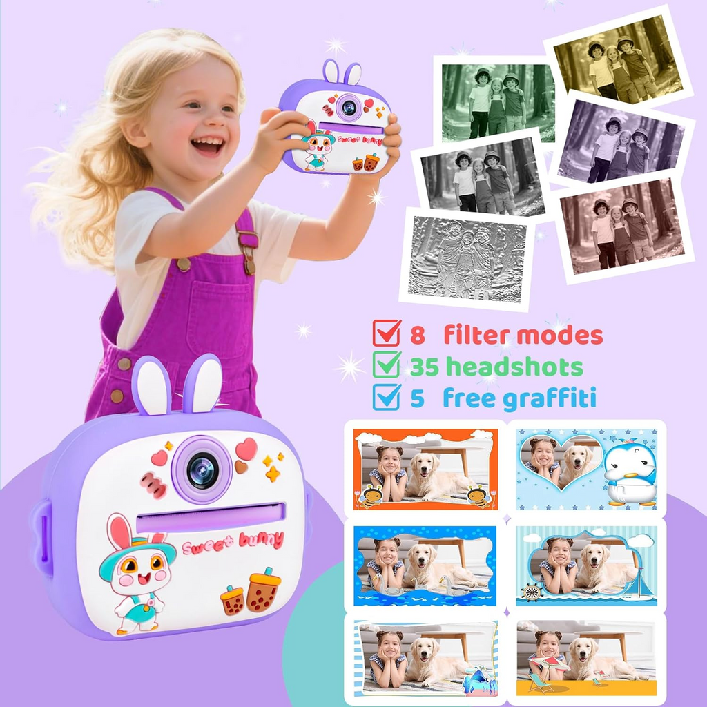 Kids Instant Print Camera with 2.4" Screen, 1080P HD Printer Camera