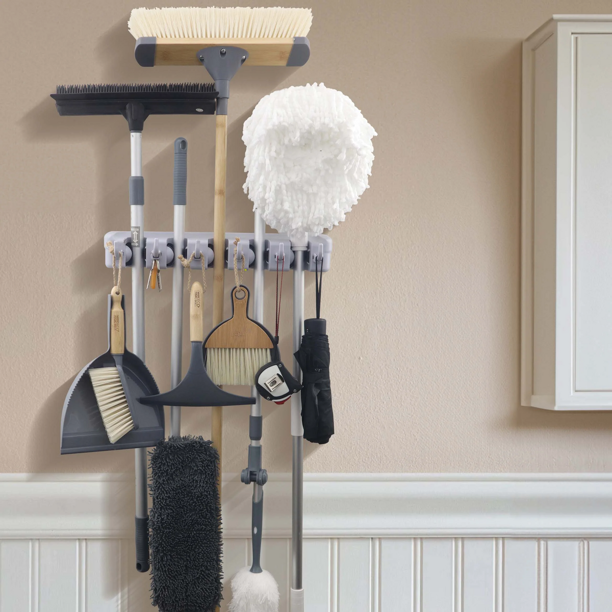 Broom and Mop Holder with 5 Compartments